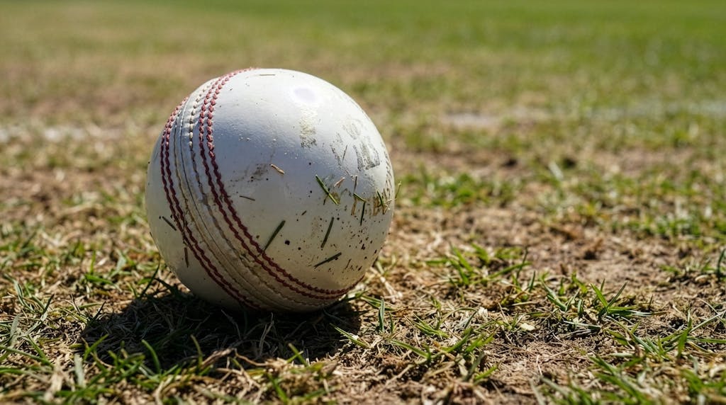 IPL live score of a cricket ball on a grassy pitch, symbolizing outdoor sports.
