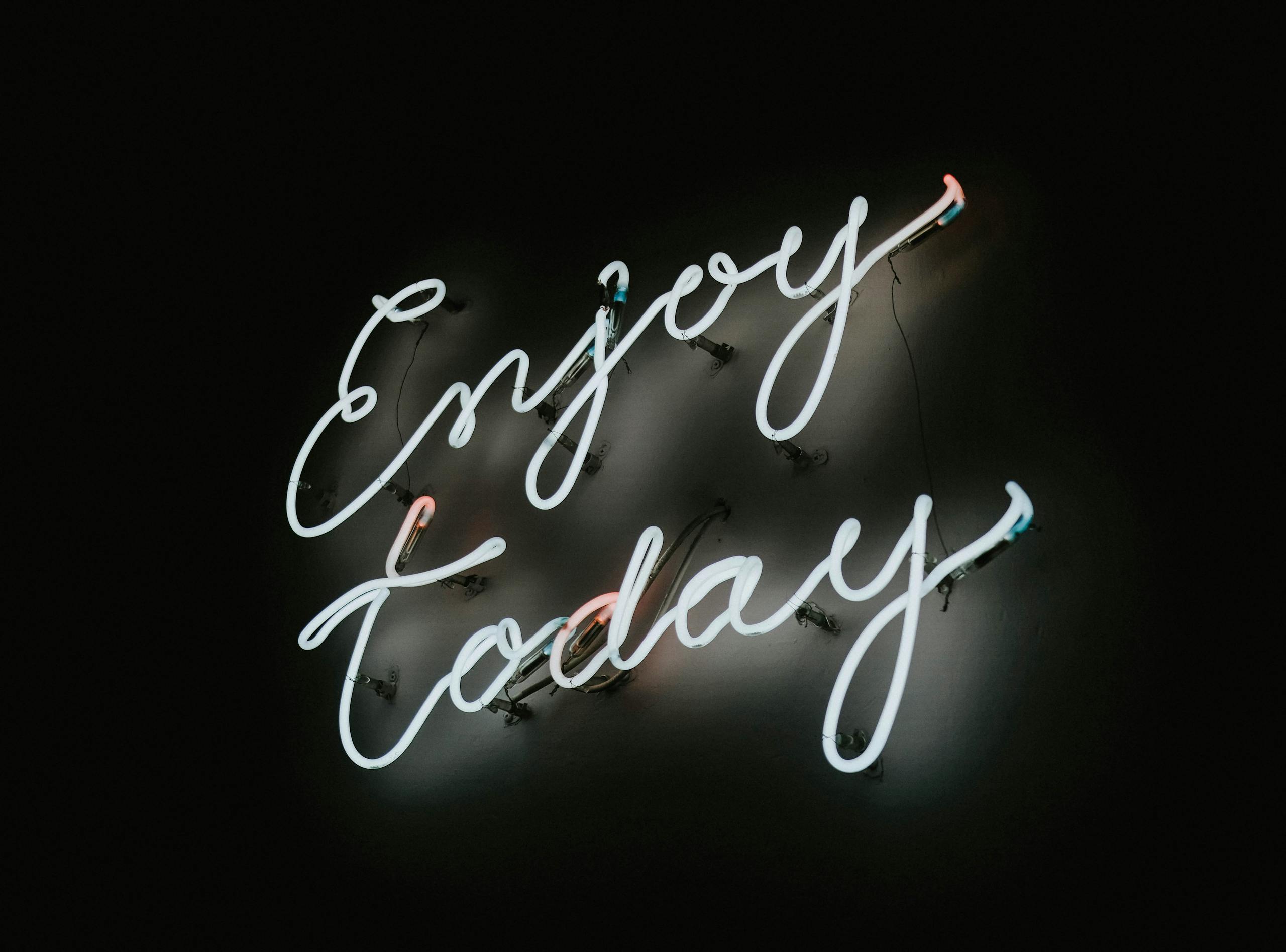 Dream11 Team Today Neon sign with motivational message 'Enjoy Today' on a dark background.